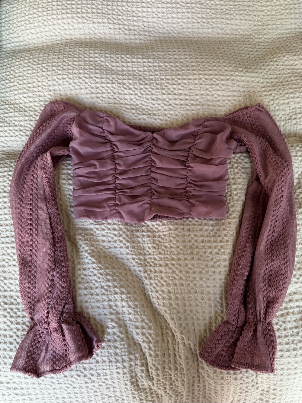 Windsor Mauve Ruched Off-Shoulder Long-Sleeve Crop Top